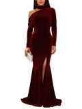 Mermaid Velvet Prom Dresses with Slit 2027 Long Sleeve Formal Dress for Women One Shoulder Evening Party Gowns