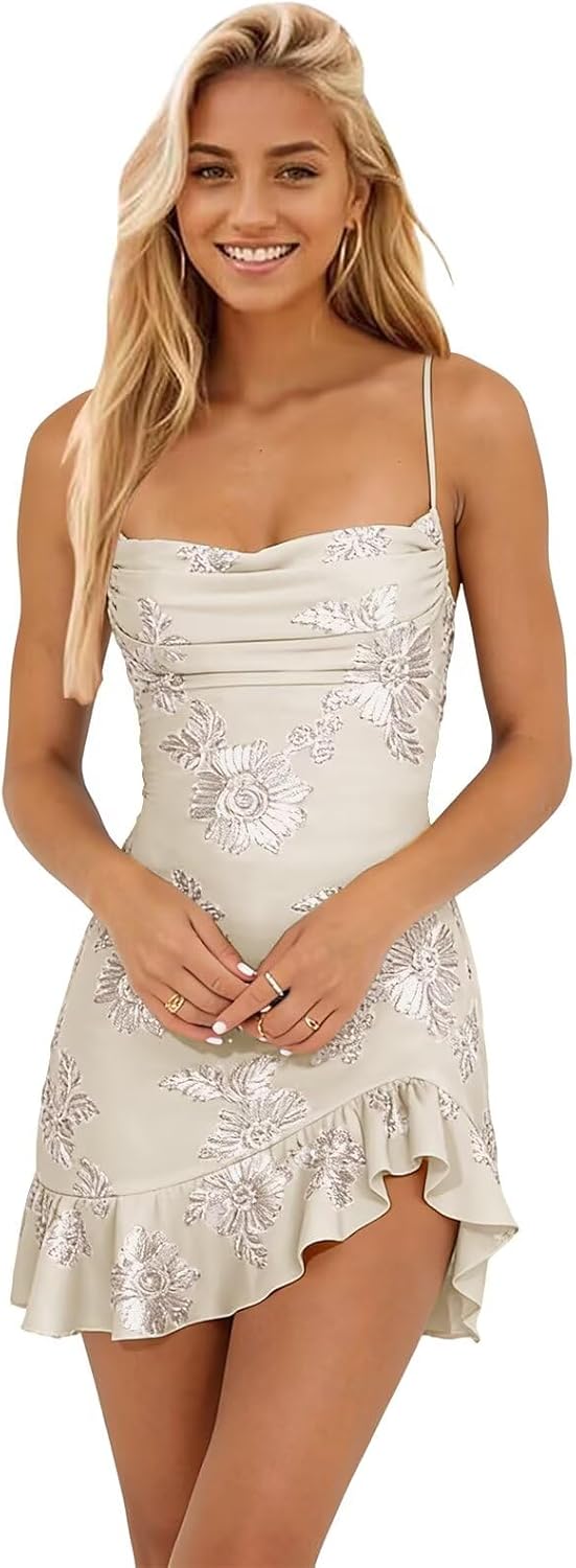 Floral Homecoming Dresses for Teens 2026 Spaghetti Straps Ruffle Pleated Short Cocktail Evening Dress