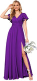 Flutter Sleeves Split Bridesmaid Dresses with Slit Long V Neck Empire Waist Formal Dress for Women Wedding