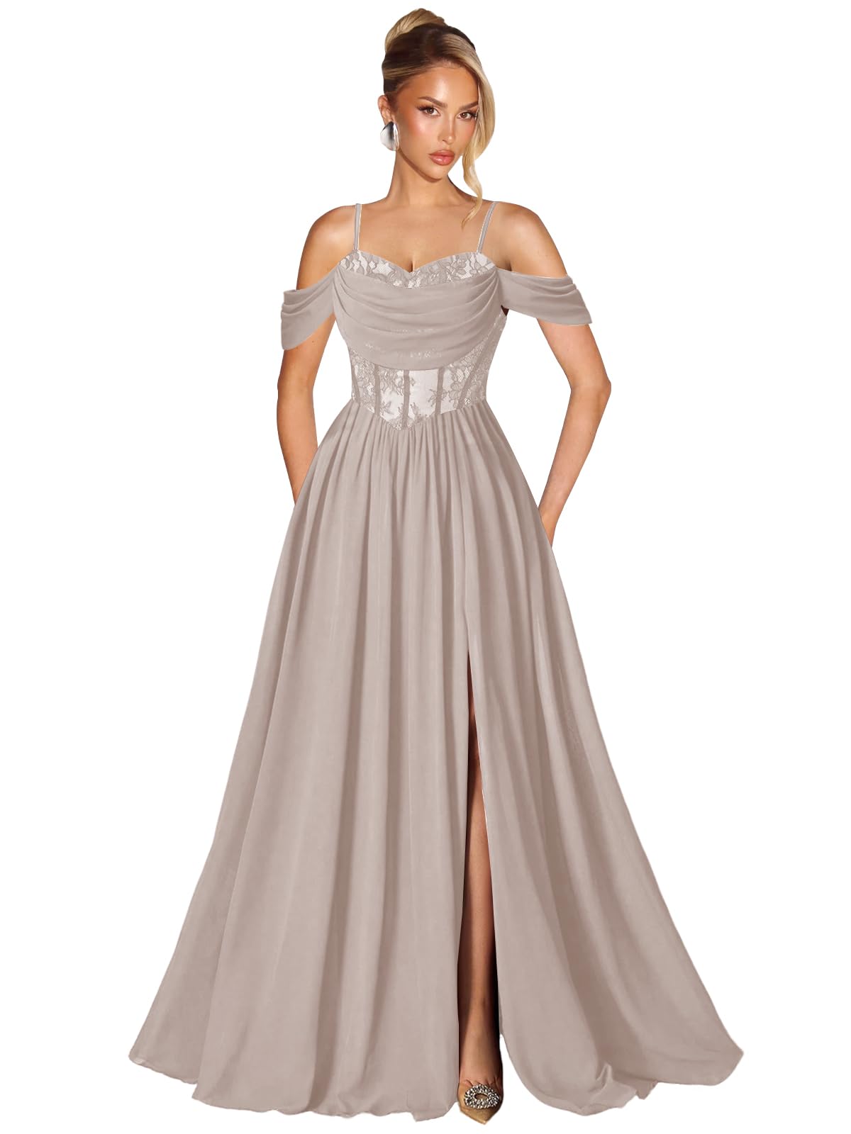 Off Shoulder Lace Applique Prom Dress with Slit A Line Ball Gown Pleated Corset Long Formal Evening Dresses