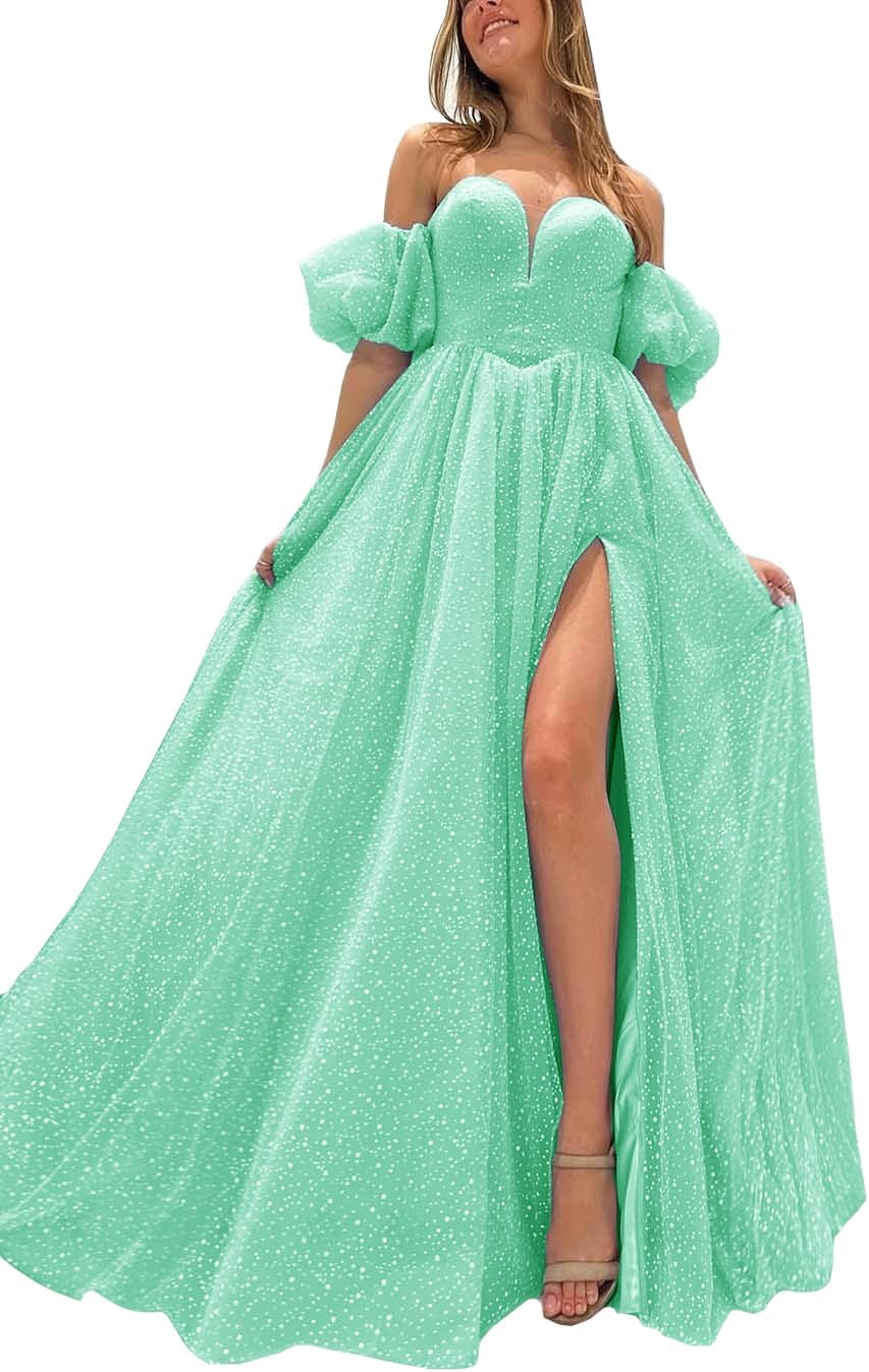 Tulle Prom Dresses for Women 2027 Sparkly Puffy Sleeves Long Ball Gowns with Slit A-Line Evening Dresses