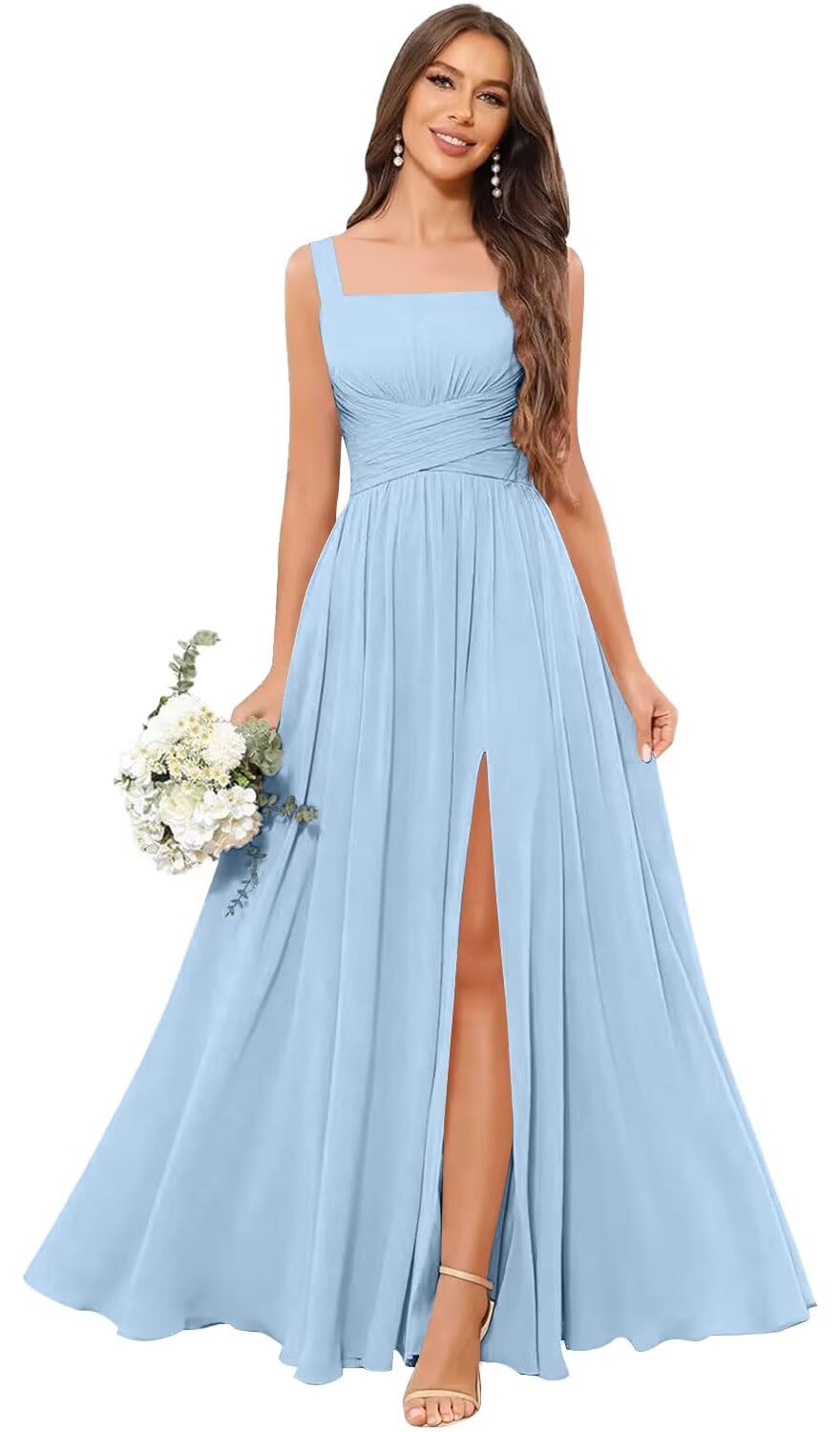 Kingbridal Chiffon A-line Bridesmaid Dresses for Women 2027 Long Square Neck Pleated Formal Evening Party Dress with Slit