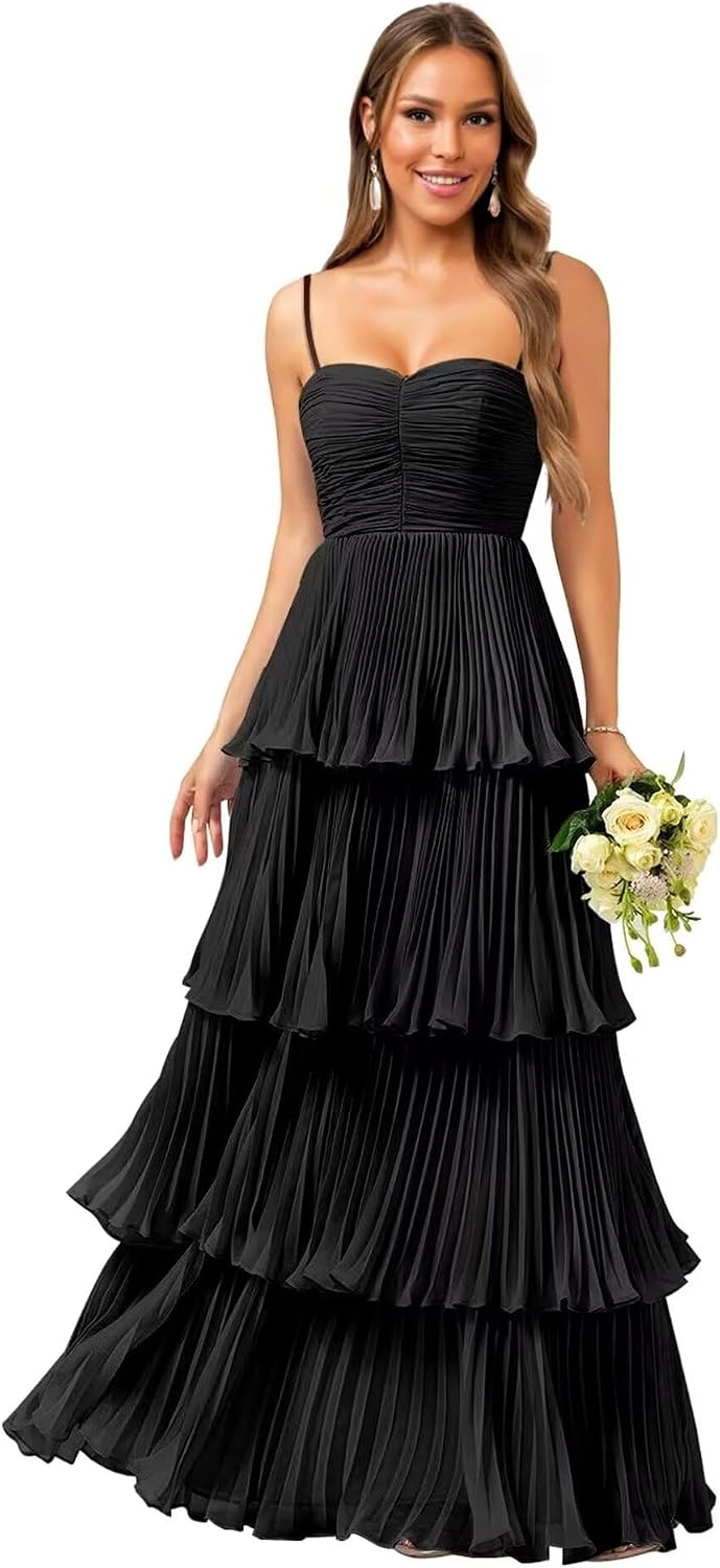 Tiered Ruffle Bridesmaid Dresses for Women Spaghetti Straps Long Chiffon Formal Evening Prom Gowns
