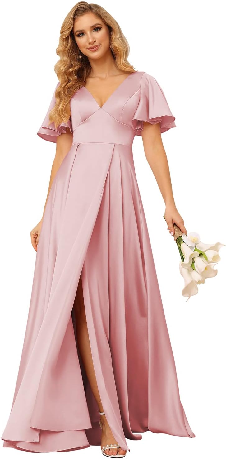 Women's V Neck Ruffle Sleeves Bridesmaid Dresses with Slit 2025 Satin A-Line Formal Evening Gowns