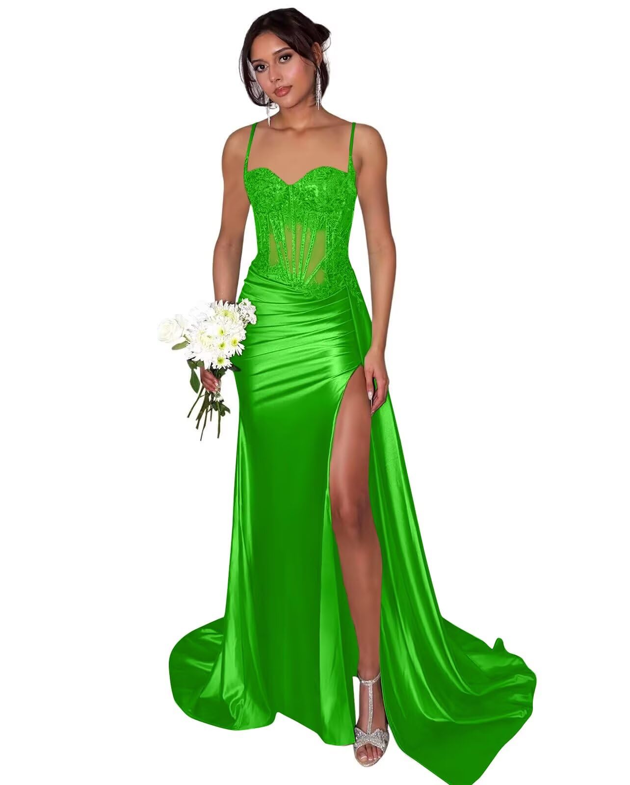 Lace Satin Prom Dresses for Women 2026 Long Mermaid Spaghetti Straps Corset Formal Evening Party Dress with Slit