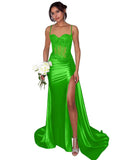 Lace Satin Prom Dresses for Women 2026 Long Mermaid Spaghetti Straps Corset Formal Evening Party Dress with Slit
