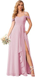 Damen Schulterfreies Brautjungfernkleid Lang mit Schlitz Chiffon Rüschen Falten Formales Partykleid 