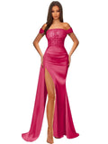 Off Shoulder Sequin Prom Dresses for Women 2027 Long Mermaid Tight Satin Formal Evening Party Dress with Slit