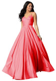 Spaghetti Straps Satin Prom Dresses for Women Long with Pockets Pleated Formal Evening Gowns