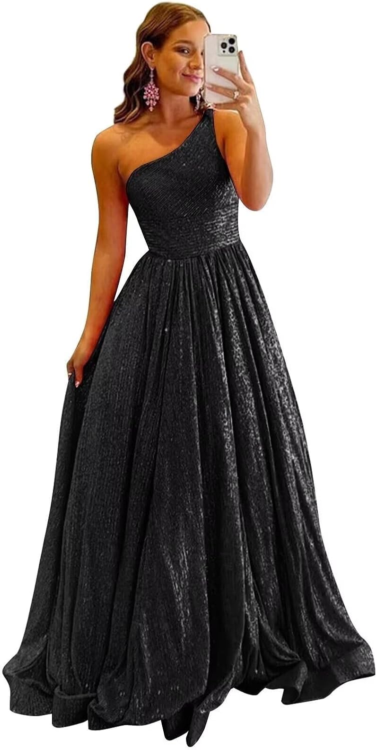 One Shoulder Sequin Prom Dresses for Women 2027 Sparkly Long A-Line Formal Evening Party Ball Gowns with Pockets
