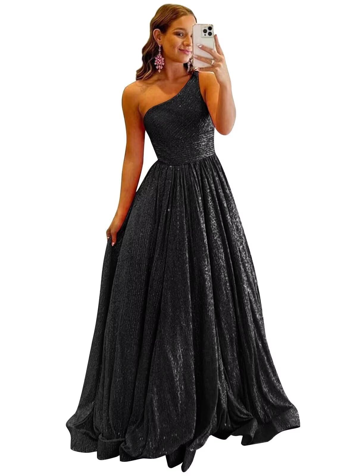One Shoulder Sequin Prom Dresses for Women 2027 Sparkly Long A-Line Formal Evening Party Ball Gowns with Pockets