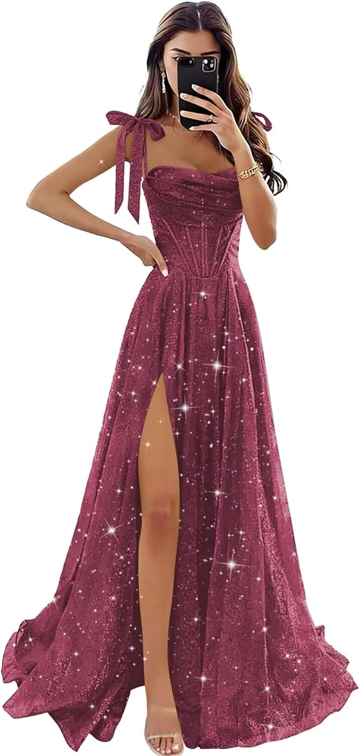 Tulle Prom Dresses with Slit Spaghetti Straps A Line Maxi Long Formal Dress