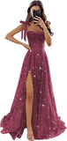 Sparkly Tulle Prom Dresses with Slit Spaghetti Straps A Line Maxi Long Formal Dress