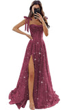 Tulle Prom Dresses with Slit Spaghetti Straps A Line Maxi Long Formal Dress