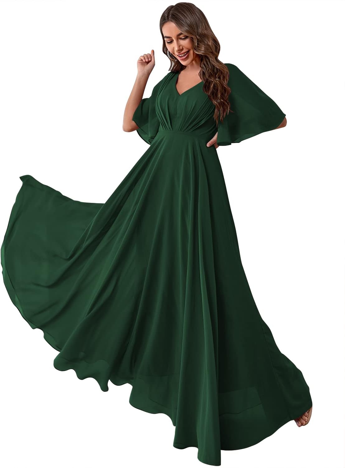 Women's Batwing Sleeve Chiffon Bridesmaid Dresses with Pockets V Neck Long Formal Evening Dress