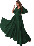 Women's Batwing Sleeve Chiffon Bridesmaid Dresses with Pockets V Neck Long Formal Evening Dress
