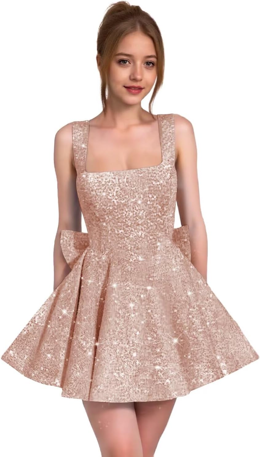 Sparkly Sequin Homecoming Dresses for Teens Short Prom Dress Square Neck Bow Formal Cocktail Gowns with Pockets