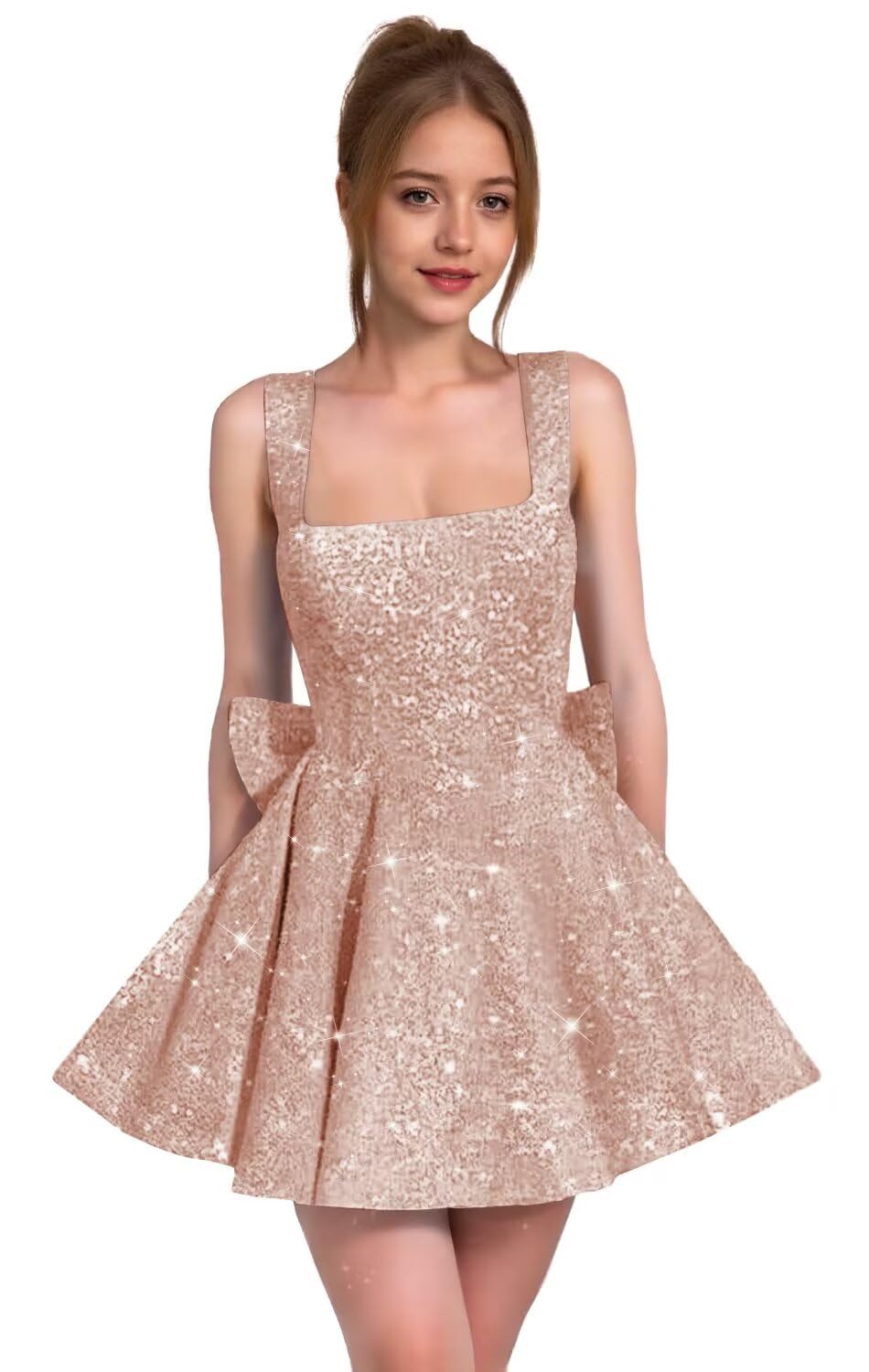 Sparkly Sequin Homecoming Dresses for Teens Short Prom Dress Square Neck Bow Formal Cocktail Gowns with Pockets