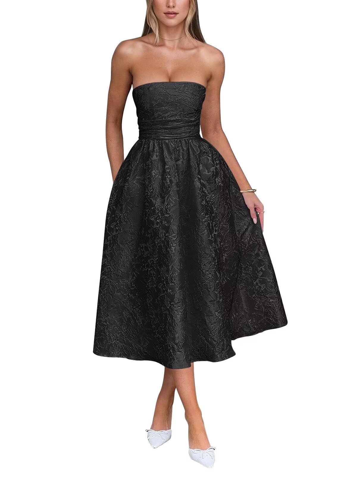 Satin Floral Jacquard Prom Dress for Women Strapless Corset Tea Length Formal Cocktail Evening Gowns