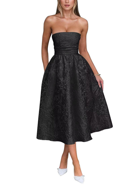 Satin Floral Jacquard Prom Dress for Women Strapless Corset Tea Length Formal Cocktail Evening Gowns