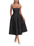 Satin Floral Jacquard Prom Dress for Women Strapless Corset Tea Length Formal Cocktail Evening Gowns