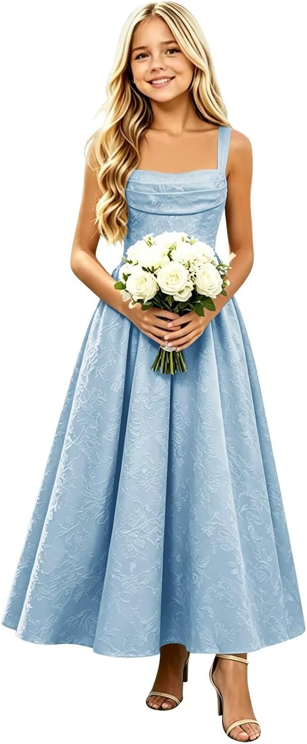 Girls Floral Satin Jacquard Junior Bridesmaid Dresses Long Ruched Flower Girl Dress for Wedding