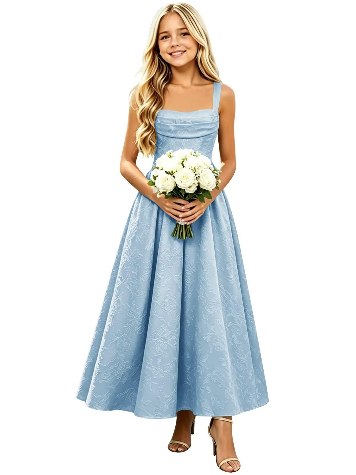 Floral Satin Jacquard Junior Bridesmaid Dresses Long Ruched Flower Girl Dress for Wedding