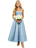 Floral Satin Jacquard Junior Bridesmaid Dresses Long Ruched Flower Girl Dress for Wedding
