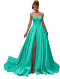 Kingbridal Gowns Strapless Prom Dresses for Women 2026 Long Satin A-line Formal Dress with Slit Beaded Corset Evening Party Gowns