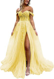Off The Shoulder Tulle Prom Dress with Laces Applique A-line Slit Long Ball Gowns Glitter Formal Evening Dress