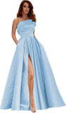 Women's One Shoulder Prom Dresses Long Satin Side Slit Formal Evening Gowns with Pockets