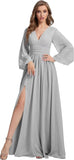 Womens V-Neck Long Sleeve Bridesmaid Dresses with Slit 2024 Ruched A-line Chiffon Prom Formal Dresses