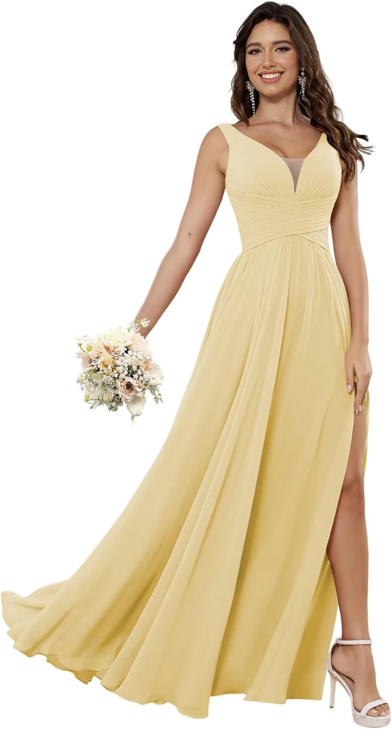 Vestidos de dama de honor sencillos de gasa para mujer con bolsillos, vestidos formales largos con escote en V y abertura 