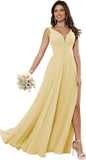 Vestidos de dama de honor sencillos de gasa para mujer con bolsillos, vestidos formales largos con escote en V y abertura 