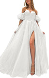 Tulle Prom Dresses for Women 2027 Sparkly Puffy Sleeves Long Ball Gowns with Slit A-Line Evening Dresses