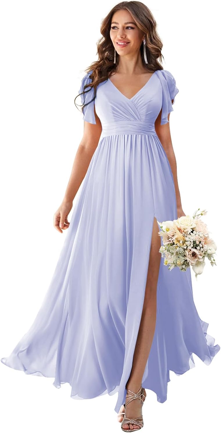 V Neck Flutter Sleeves Bridesmaid Dresses with Slit 2025 Chiffon Aline Pleats Formal Evening Gowns for Women