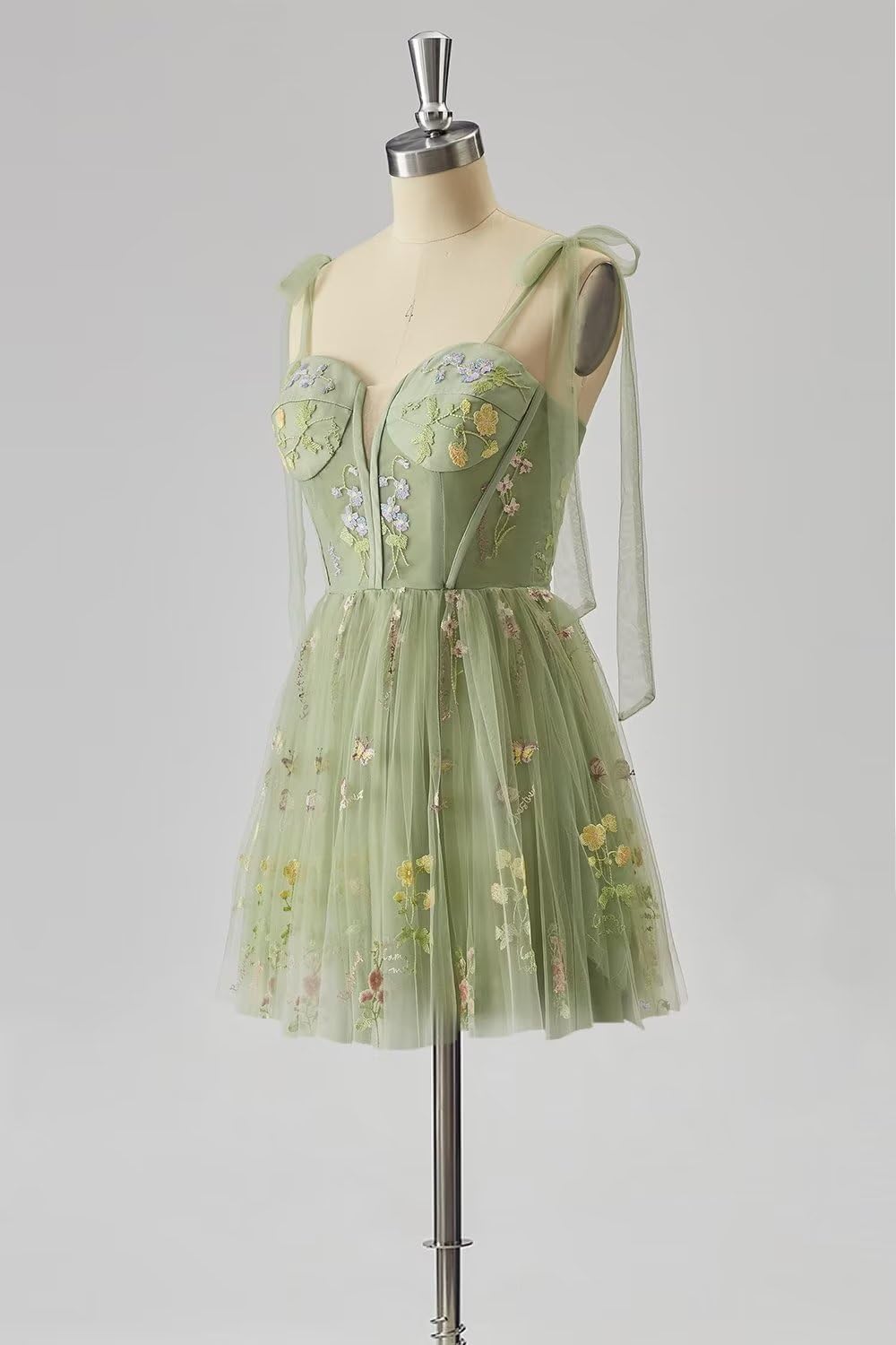 Vestidos de fiesta para mujer, con tirantes finos, cortos, bordados de flores, tul, vestidos formales 