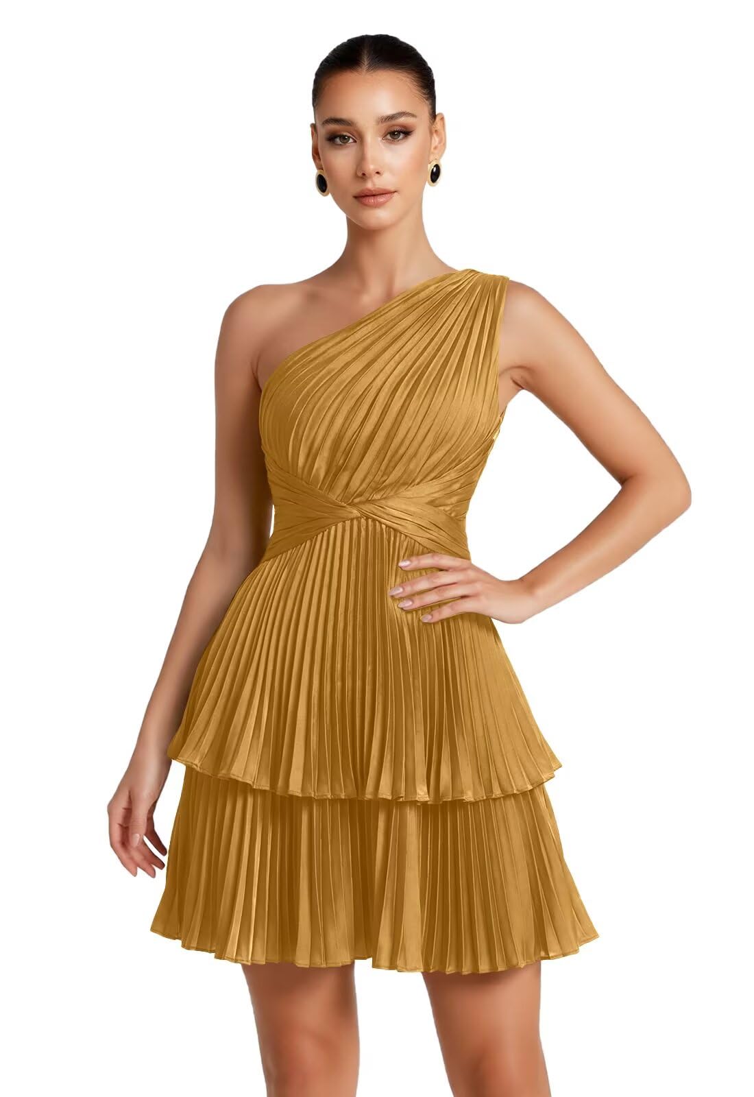 One Shoulder Satin Homecoming Dresses for Teens 2026 Short A-line Prom Dress Pleated Tiered Cocktail Party Gowns
