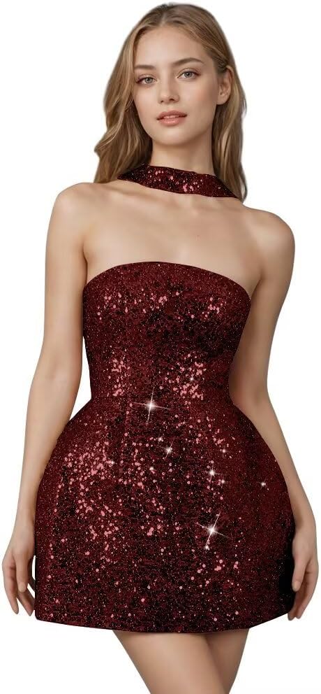 Strapless Sequin Homecoming Dresses for Teens Short Prom Dress Sparkly A-Line Cocktail Party Gowns with Pockets