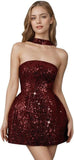 Strapless Sequin Homecoming Dresses for Teens Short Prom Dress Sparkly A-Line Cocktail Party Gowns with Pockets