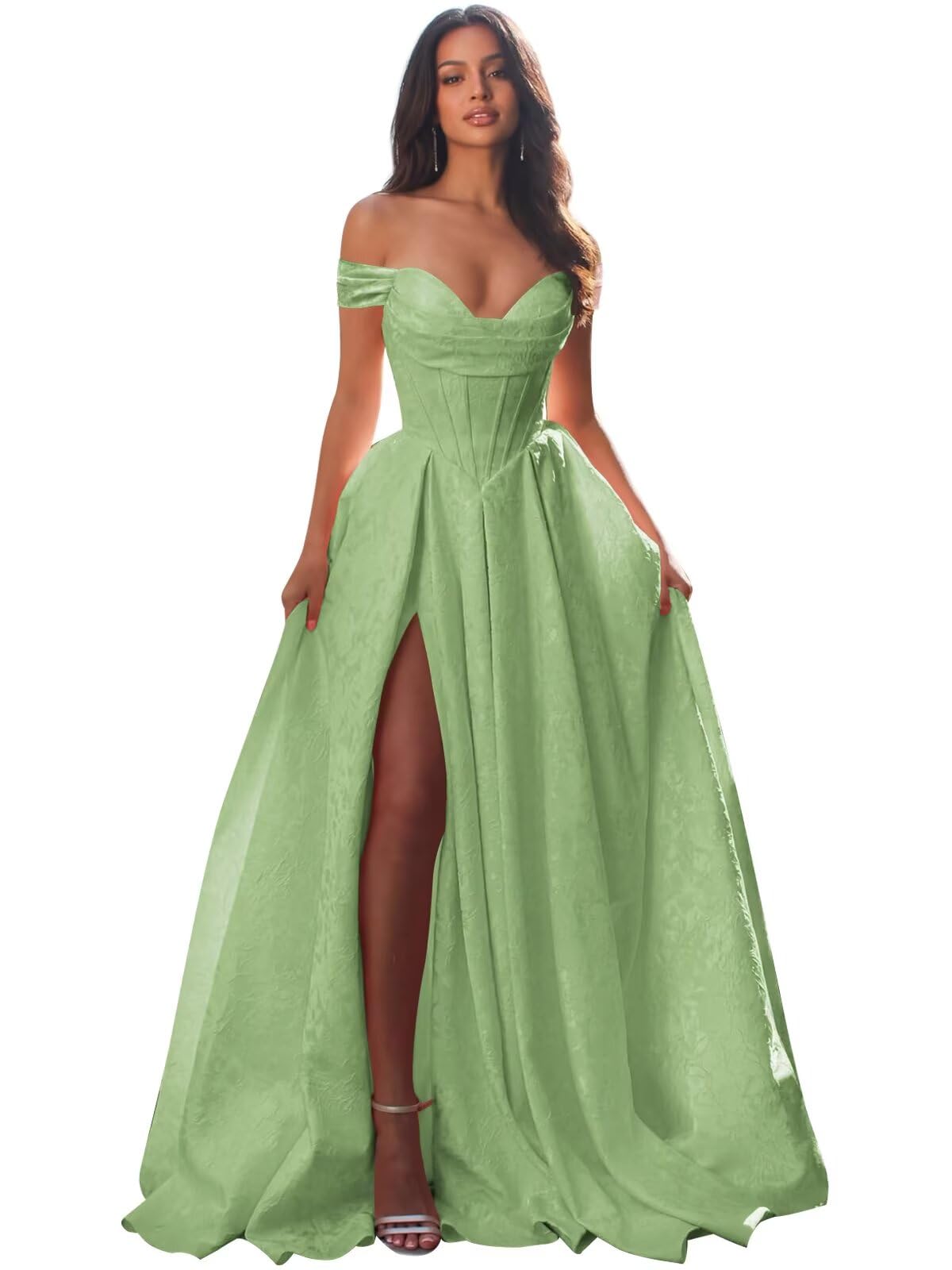 Jacquard Satin Prom Dresses Off the Shoulder Corset A Line Long Formal Gown Sweetheart Neck Party Dress with Slit