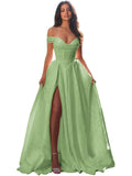 Jacquard Satin Prom Dresses Off the Shoulder Corset A Line Long Formal Gown Sweetheart Neck Party Dress with Slit