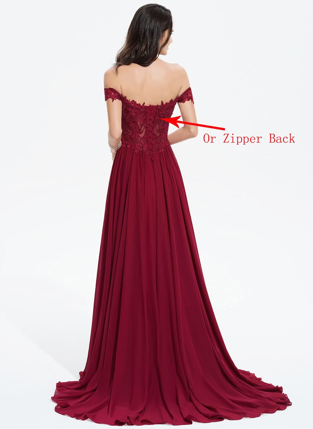 Women's Off The Shoulder Long Prom Dresses with Slit Lace Appliqued Chiffon Formal Party Gowns