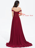 Women's Off The Shoulder Long Prom Dresses with Slit Lace Appliqued Chiffon Formal Party Gowns