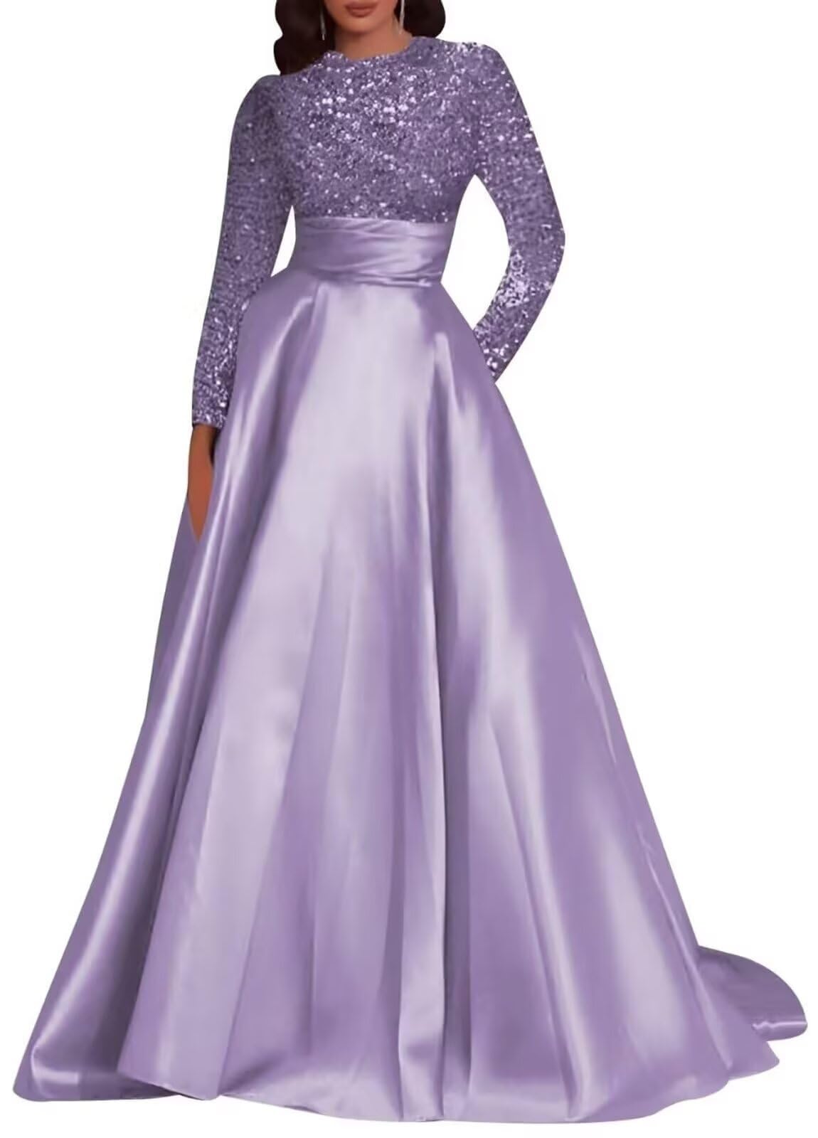 Kingbridal Gowns Long Sleeve Sequin Prom Dresses for Women Satin A-line Formal Dress 2026 Sparkly Evening Party Gowns with Pockets
