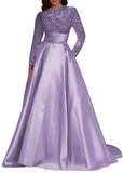 Kingbridal Gowns Long Sleeve Sequin Prom Dresses for Women Satin A-line Formal Dress 2026 Sparkly Evening Party Gowns with Pockets