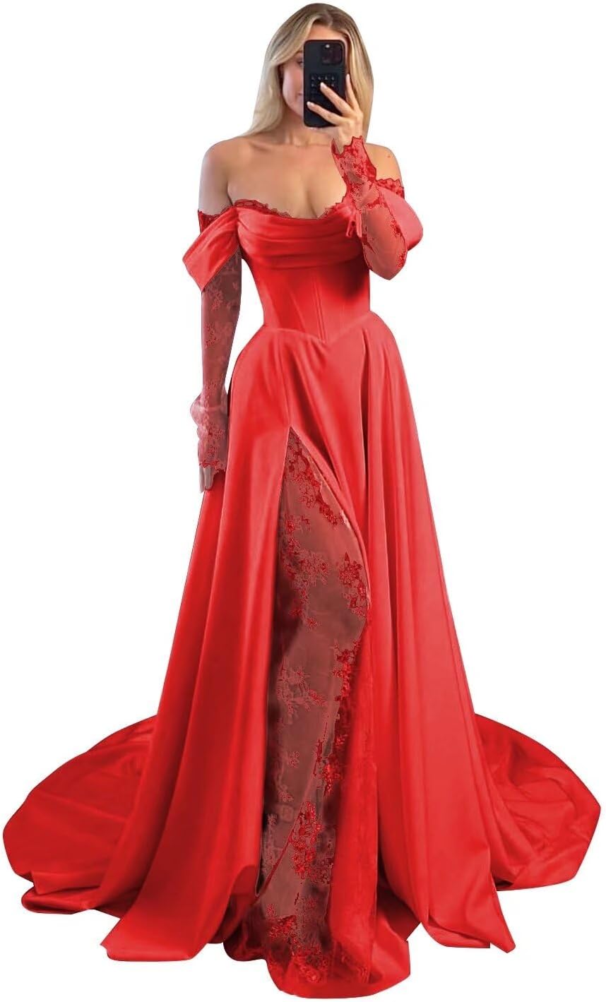 Off Shoulder Satin Wedding Dresses Lace Long Sleeve Prom Dresses Corset A-Line Ball Gowns with Slit