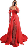 Off Shoulder Satin Wedding Dresses Lace Long Sleeve Prom Dresses Corset A-Line Ball Gowns with Slit