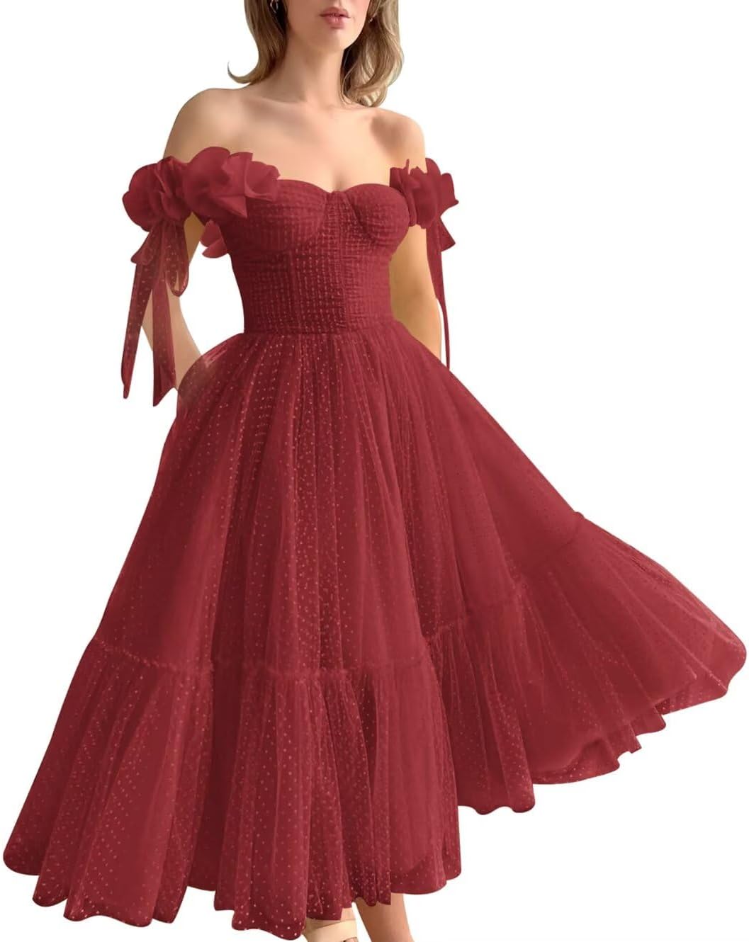 Dotted Tulle Off Shoulder Prom Dress for Women Sweetheart Midi Puffy Formal Party Gowns