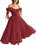 Dotted Tulle Off Shoulder Prom Dress for Women Sweetheart Midi Puffy Formal Party Gowns